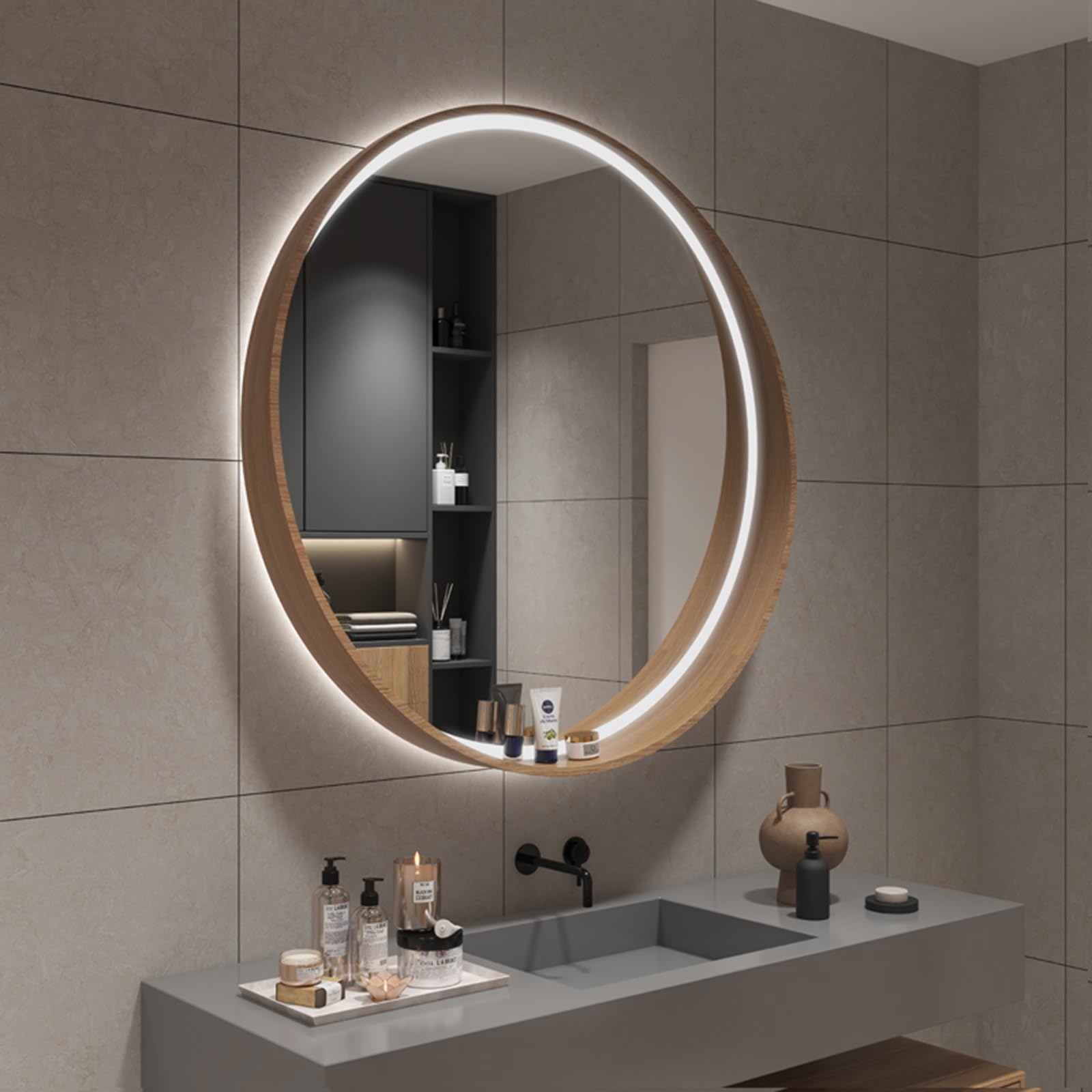 Espejo De Baño Redondo Con Marco De Madera, Espejo De Pared LED, Espejo De Maquillaje Inteligente, Espejo De Tocador Con Marco Circular, Luz De 3 Colores Infinitamente Regulable, HD ( Color : Wood col