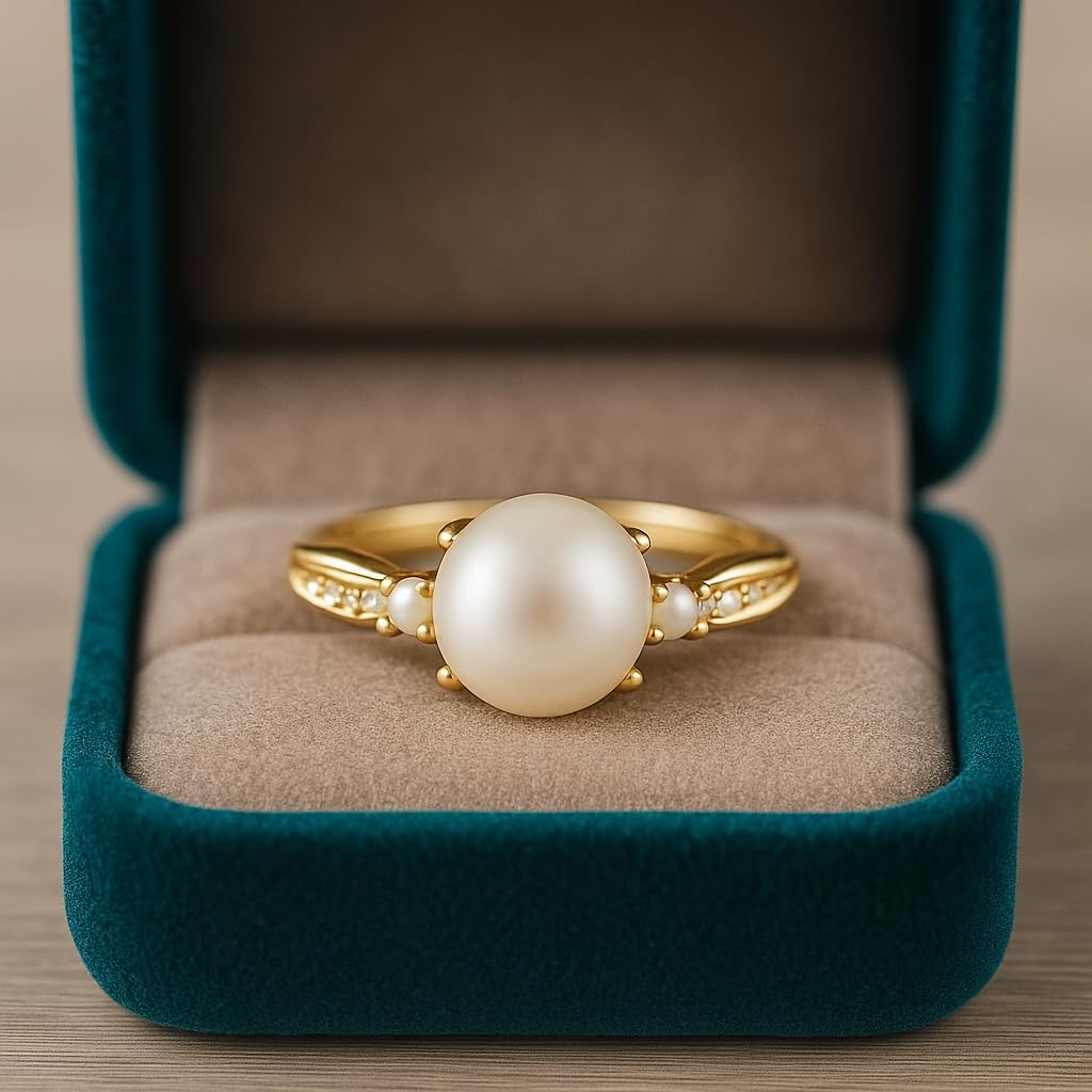 Round Freshwater Pearl Engagement Ring for Women 14K Yellow Gold Dainty Pearl Ring with Side Stones Vintage Bridal Wedding Promise Ring Classic Anniversary Jewelry Gift