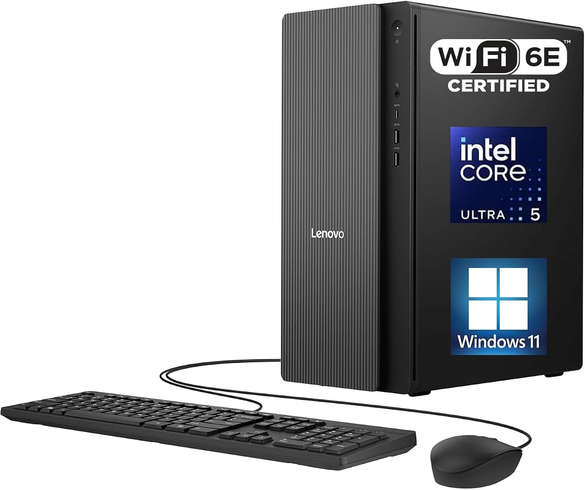 IdeaCentre Tower Desktop Computer, 10-core Intel Ultra 5 225 Processor (Up to 4.9GHz), 16GB DDR5 RAM, 512GB Pcle SSD, Office 365 for The Web, HDMI+VGA, Wi-Fi 6E, Wired Keyboard & Mouse