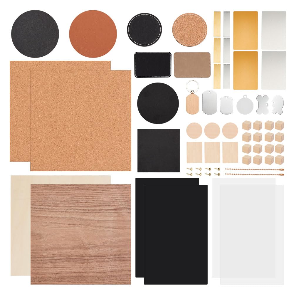 OLYCRAFT516pcs/1 Set Laser Material Explore Kit Laser Engraving Materials with Wood Tags PU Leather Blank Labels Acrylic Plate Black Stone Cup Mat Leather Working Kit for Beginners Tools