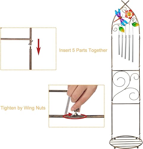 Miniatura 5 de Enrejado de jardín con soportes para plantas, enrejado de metal desmontable de 48 pulgadas para maceta con libélula y campanillas de viento para