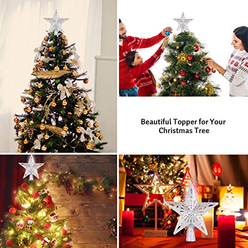 Christmas Tree Topper Lighted Star [Silver],3D Hollow Sparkling Star Christmas Tree Topper With Rotating Magic Cool White Snowflake Projector For Christmas Tree Ornament (Silver) #TOP3