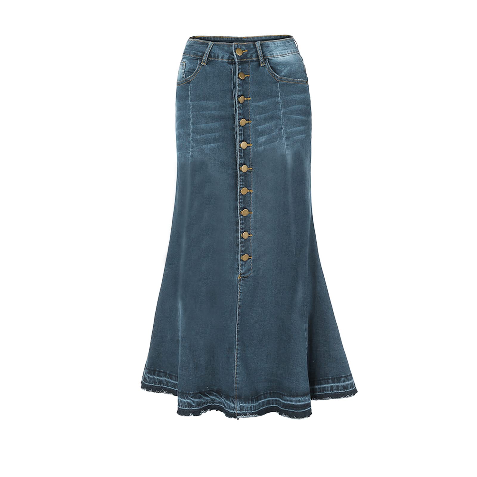 Damen Jeans Rock, Stretch Denim Maxi Jeansrock Mit Weit Ausgestelltem Saum, Slimfit Midi Röcke Freizeitrock Partyrock, A Linie Rock, Figurbetontes Damenrock Hohe Taille