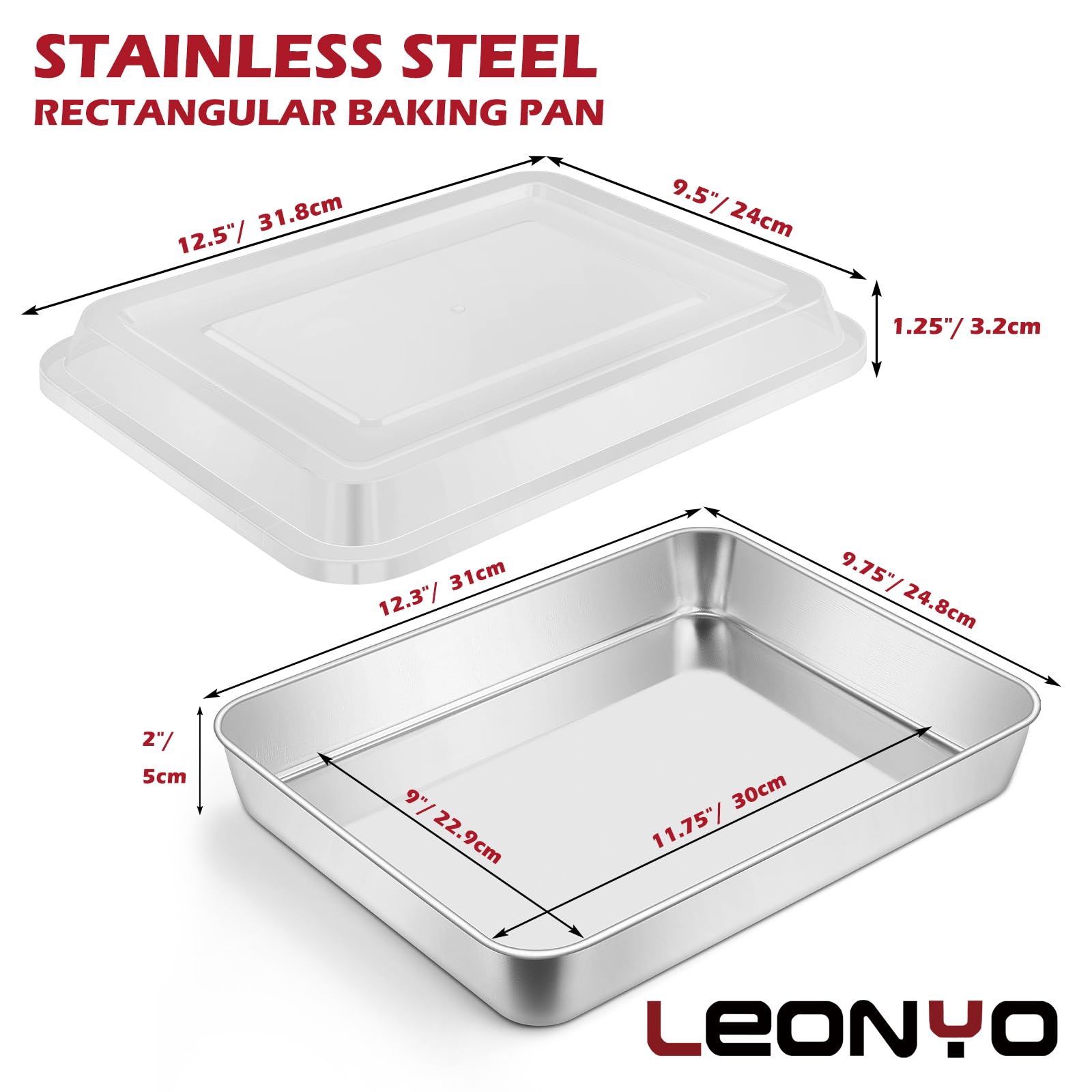 Leonyo Backform mit Deckel, 4er-Set, 30,5 x 24,9 x 5,1 cm, tiefe Edelstahl-Kuchenform zum Backen, rechteckiges Lasagneblech für Focaccia, Brot, Brownies, Aufläufe, Refrige & ofenfest