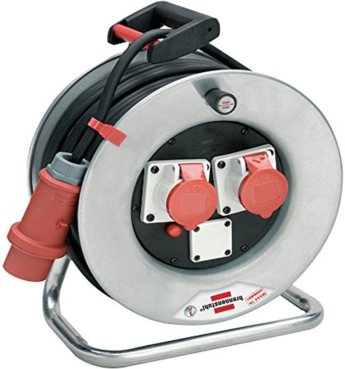 Brennenstuhl 1194795 Avvolgicavo 25 M Serie Garant Sk Cee in Acciaio Zincato Antiruggine, Spina Cee 4 Poli 400V/16A, 2 Prese Cee 4 Poli 400V/16A, Coperchi Prese Autochiudenti, Diametro 32 Cm, Argento