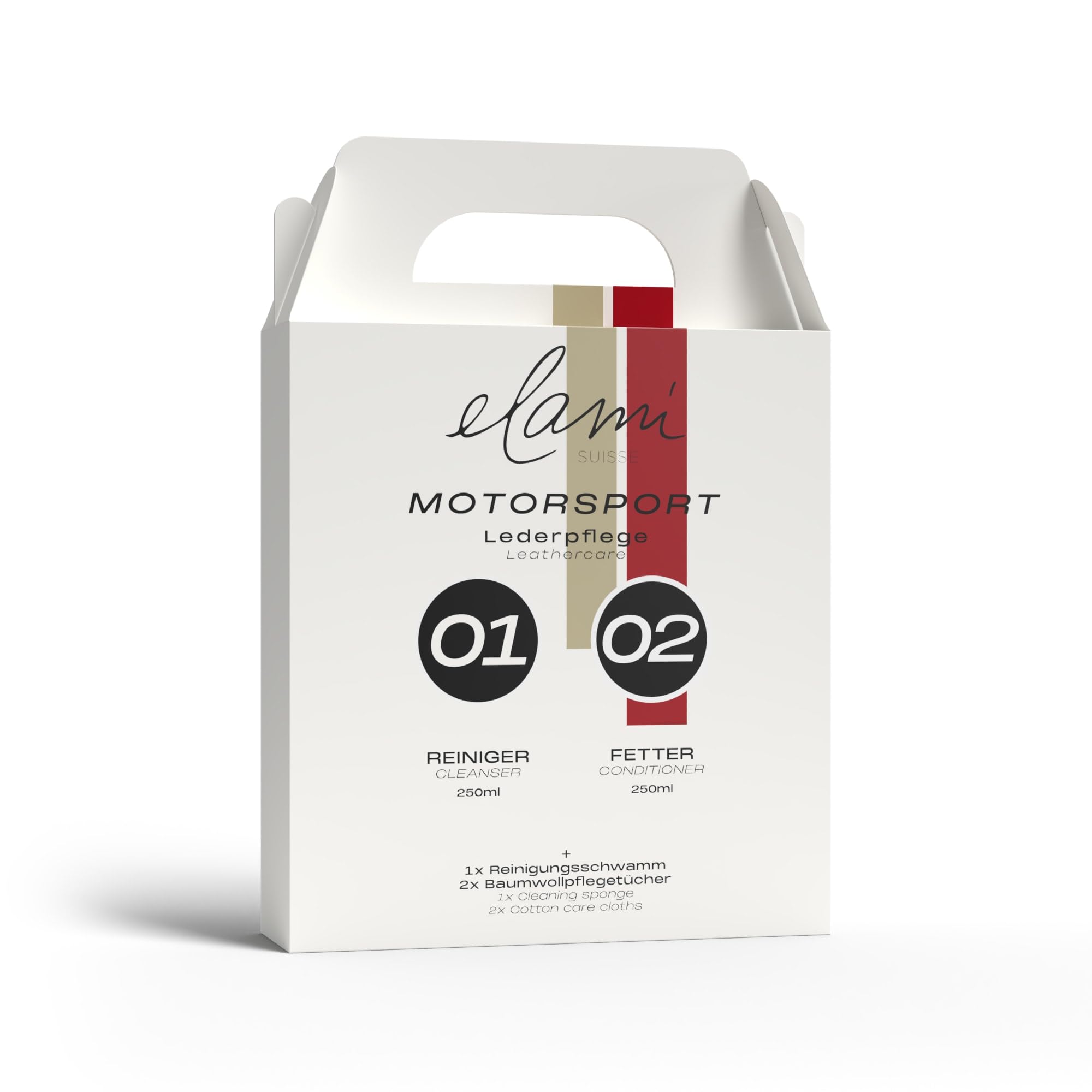Motorsport Lederpflegeset Auto – Lederreiniger & Lederfett Set (2X 250 ml) für Autoleder, Autositze, Motorrad & Boot, Leder reinigen pflegen & schützen, inkl. Schwamm & Tücher, aus der Schweiz
