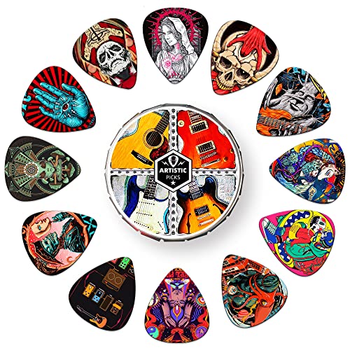 Guitar Picks,24 Pack Celluloid Thin, Medium, Heavy & Extra Heavy Picks With Tin Box ,Unique Artistic Variety Pack Guitar Pick For Acoustic Guitar,Bass Guitar, Electric Guitar (Mix Three) #TOP2