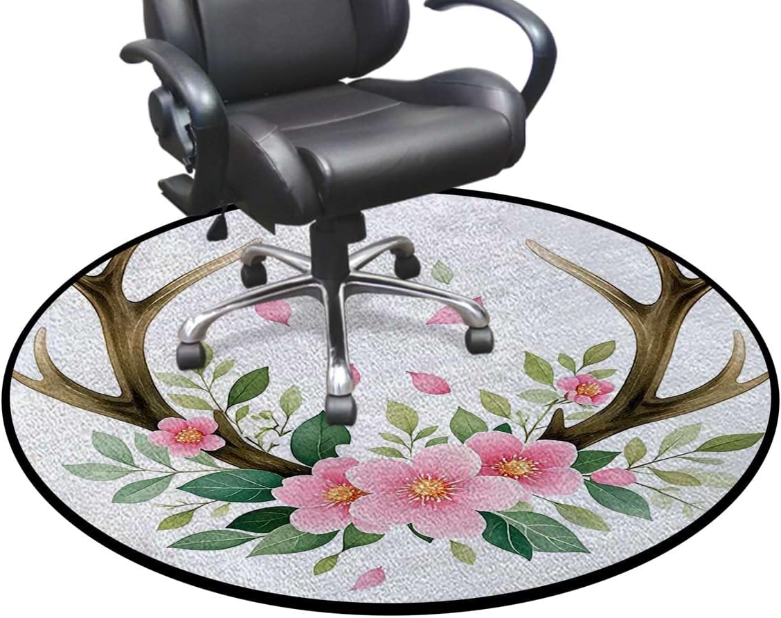 Deer Antlers Floral Round Chair Mat for Hardwood Floors, Nature Themed Design Non-Slip Low-Pile Protector for Rolling & Computer Desk Chairs, Green Pink Diameter 39.4 in