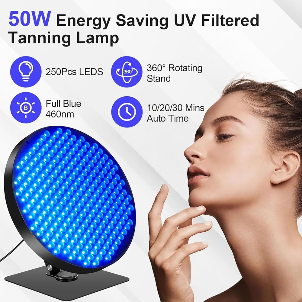 Lampe de Bronzage avec 250 LED, Minuterie de 5 à 30 Minutes, Solarium Facial 50 W, Support Réglable et Crochets de Suspension, Bronzage du Visage, 6 Niveaux de Luminosité Réglables