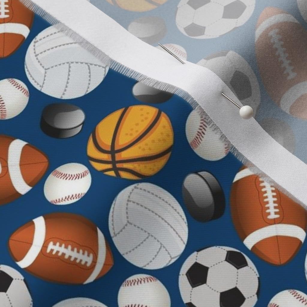 Spoonflower Fabric - Sports Blue Balls Basketball Soccer Baseball Hockey Football Printed on Organic Cotton Sateen Fabric by The Yard - Sewing Quilting Apparel Home Decor