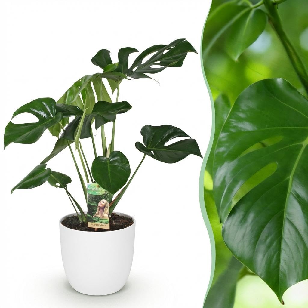 Monstera Deliciosa z białym wazonem, do wnętrz, zielona, 21 cm, 70-80 cm