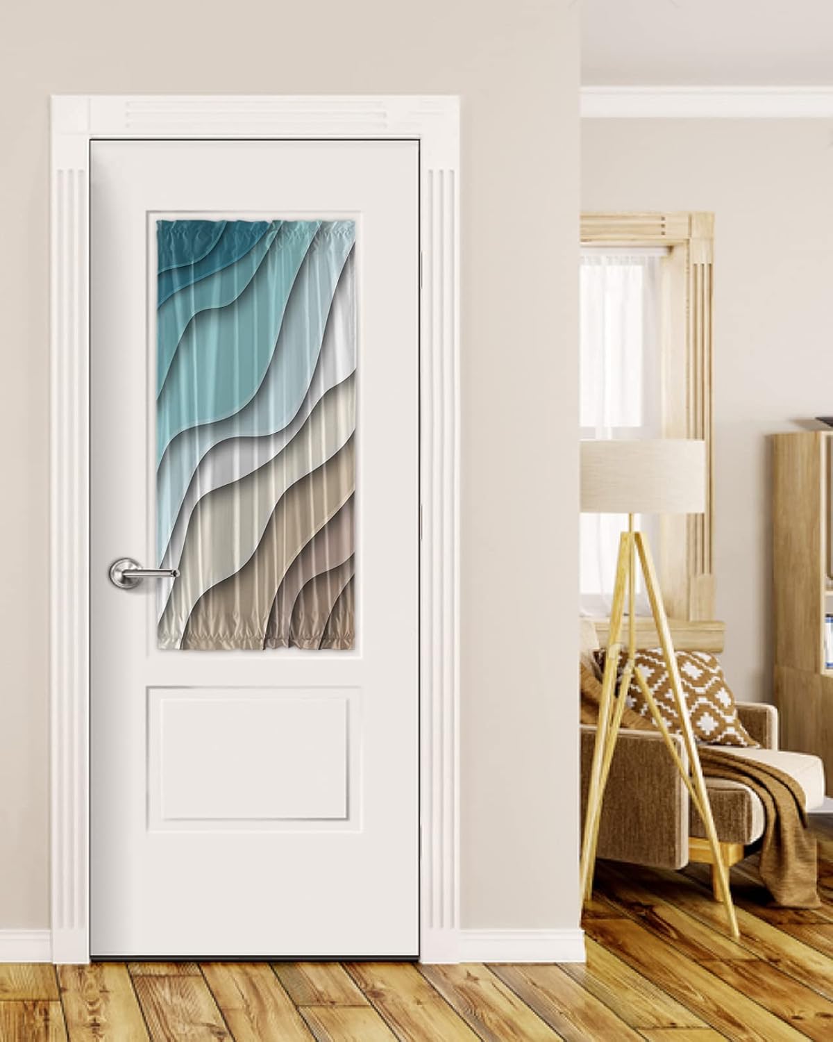 Blackout Door Curtains for Doorway Privacy, Ombre Teal & Brown French Door Curtain Thermal Insulated Curtains for Front Door Rod Pocket Glass Door Panel 25x72in Abstract Waves