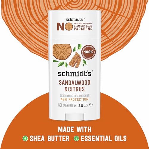 Unilever Schmidt's Aluminum-Free Vegan Deodorant Sandalwood & Citrus 2 Count for Women and Men, with 24 Hour Odor Protection, Natural Ingredients, Cruelty-Free, 2.65 oz