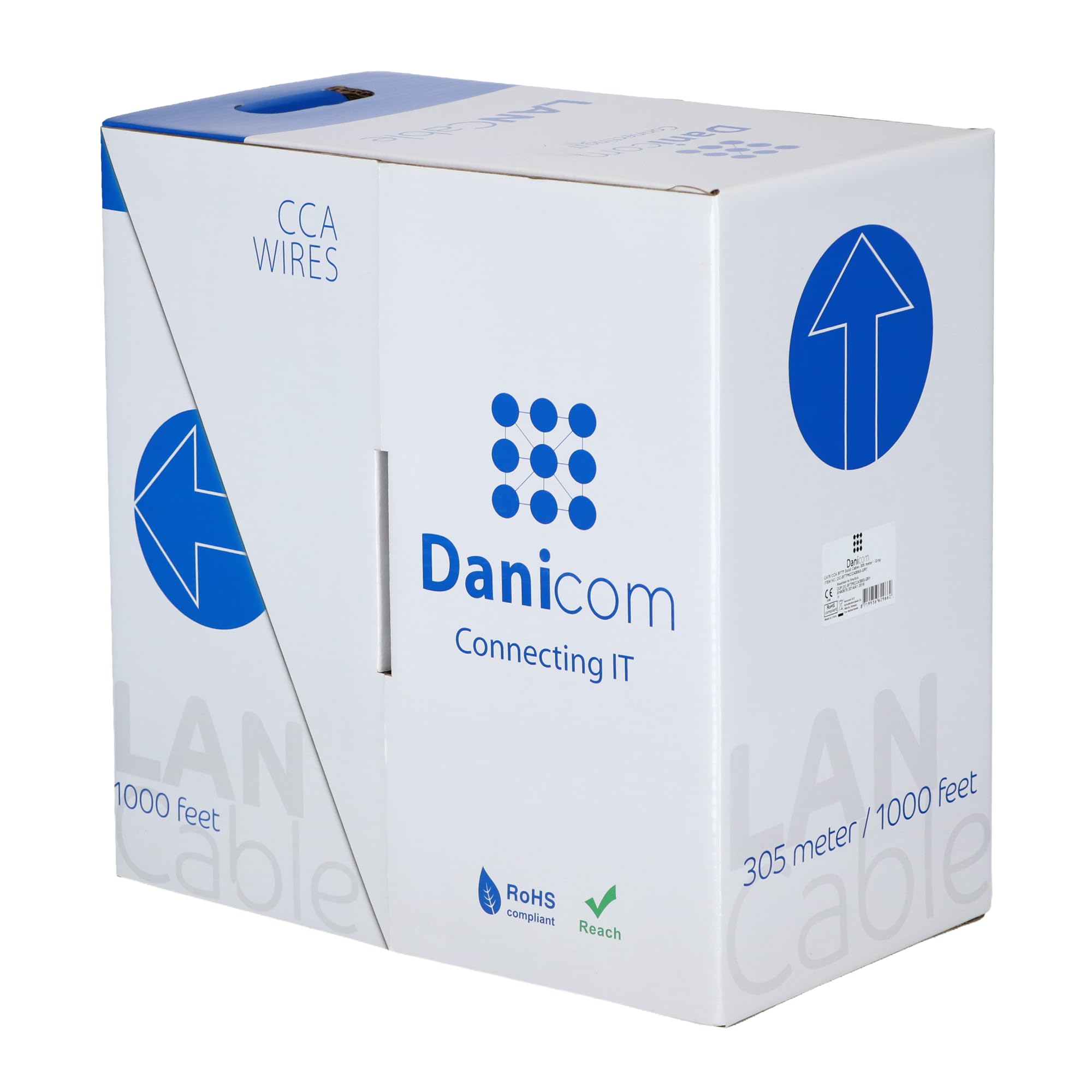 Danicom Rouleau câble rigide gris Cat6 SF/UTP CCA - 305m, POE, Ethernet, LAN, câble de raccordement, câble de données, RJ45 - pour armoire de serveur, commutateurs, routeurs, modems !