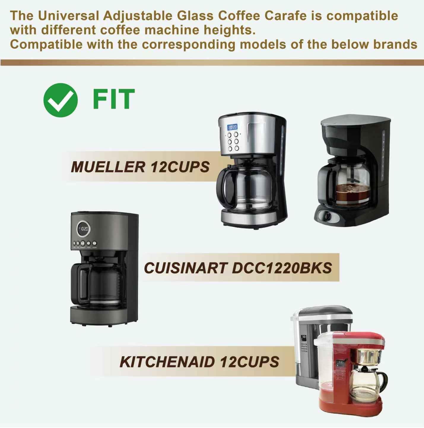Universal Adjustable Glass Coffee Carafe, 12-Cup, Compatible with Mr. Coffee, Black+Decker, Hamilton Beach, Cuisinart, Height Adjustable 5.8 to 6.7 inches (148-170mm) - Image 8