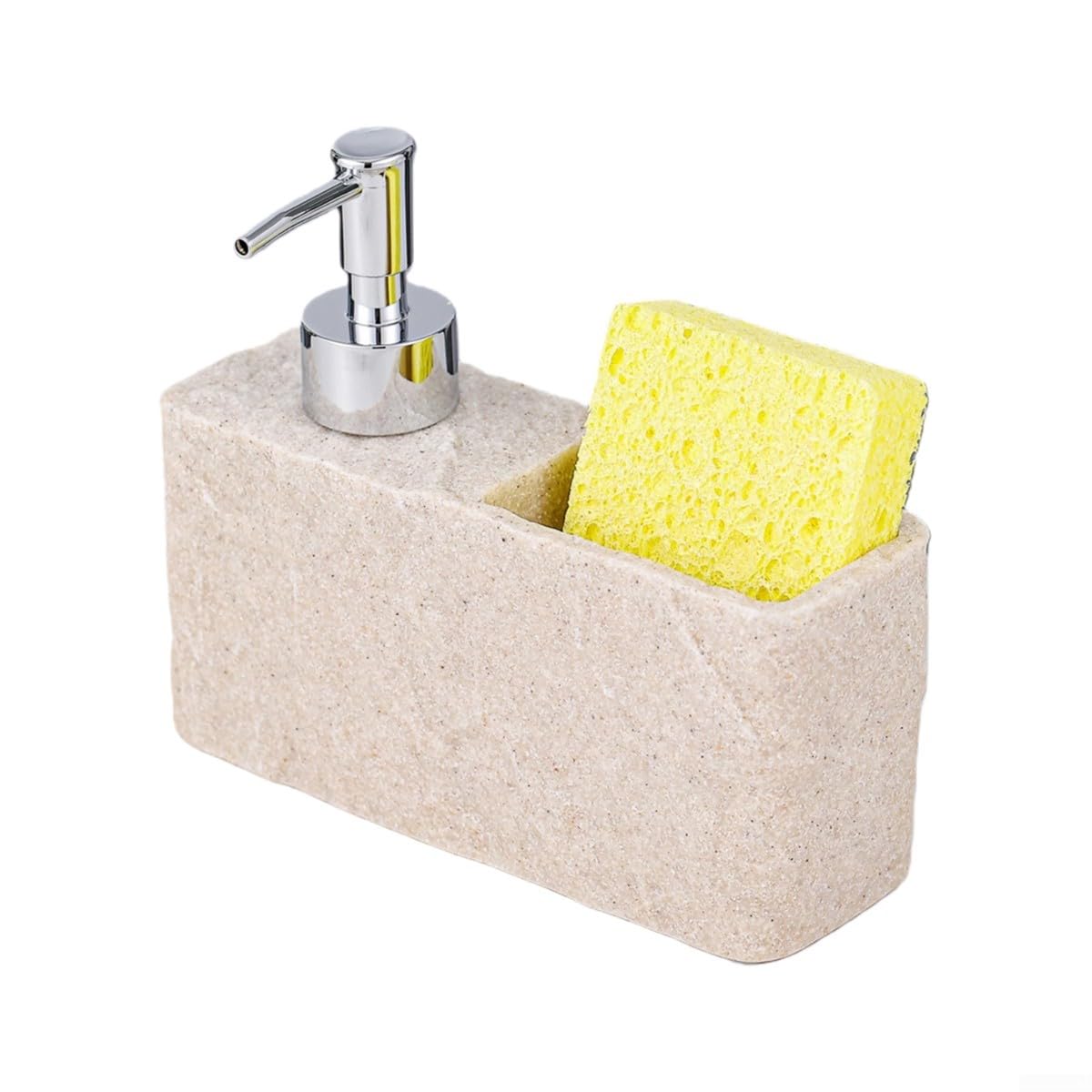 Rackumic Soap Dispenser Hand Pump Bottle 250ml Resin Construction Integrated Sponge Holder Space Saving for Bathroom or Kitchen Sink Black and Beige Compact 17x5.5x14.5cm Stylish Organiser(Beige)