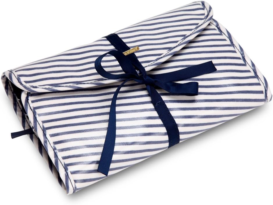 Liveasy Mediterranean Sytle Navy Striped Portable and Foldable Hanging Toiletry Bag / Hanging Wash Bag, with Water-proof PVC Coated Cotton Canvas Fabric