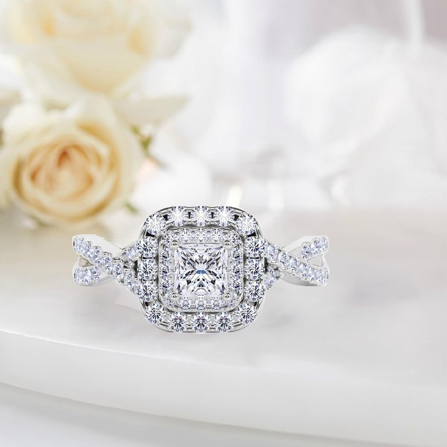 1ct Center Princess Cut Halo Moissanite Engagement Wedding Rings 10K 14K 18K Solid Gold Engagement Wedding Promise Moissanite Valentines Rings with Engraving Gifts for Her