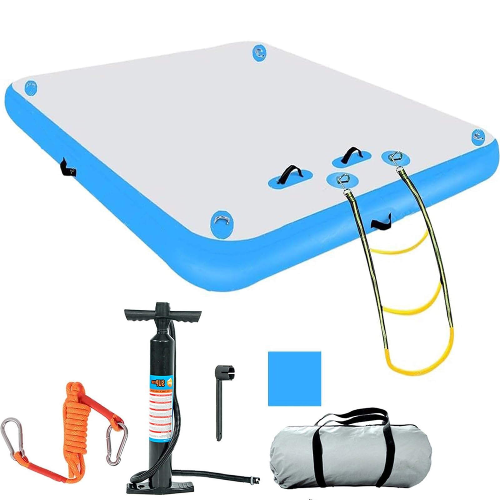Aufblasbares Schwimmdock mit Seilleiter, rutschfeste Wassermatte für Pool See Meer, inklusive Luftpumpe, Reparaturset, Tragetasche