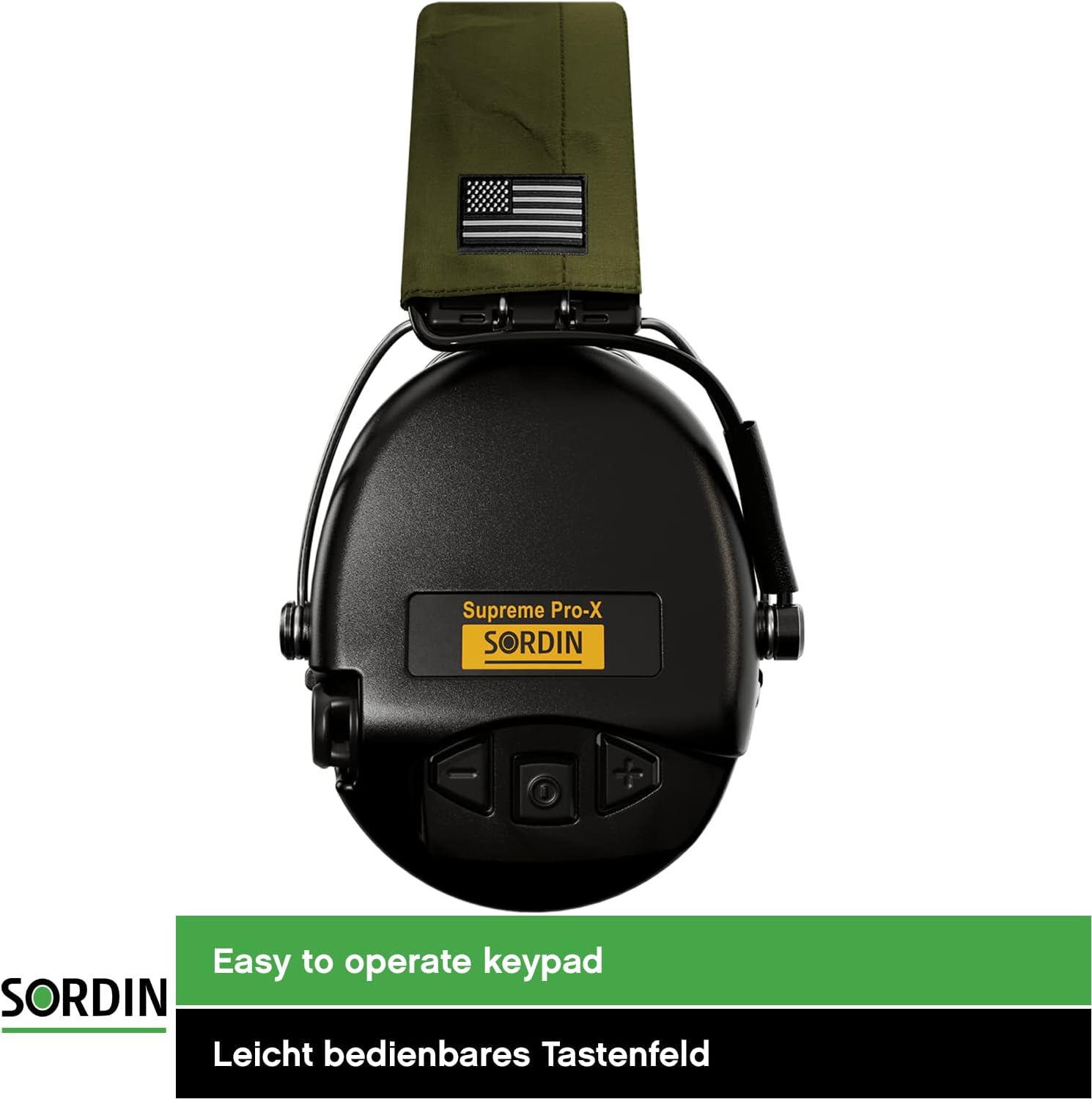 Sordin Supreme Pro-X Ear Defenders for Hunting & Shooting - Active & Electronic - US Headband & Gel Kits - Green Headband, Black Cups