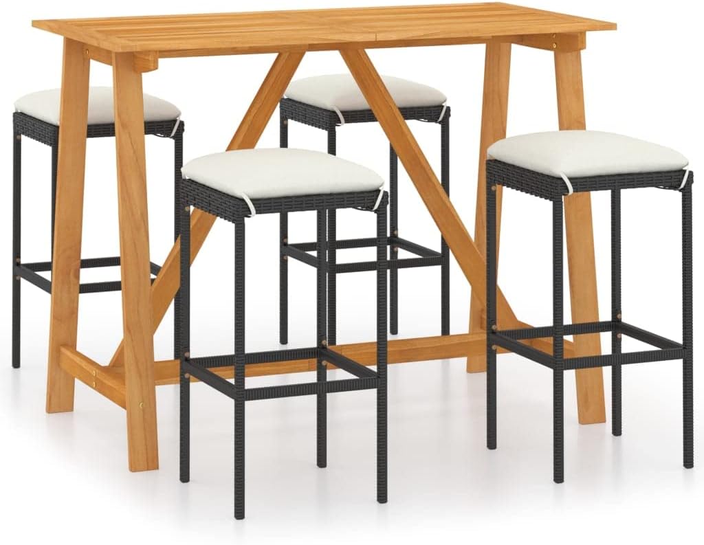 vidaXL Patio Bar Set 5 Piece, Outdoor Bar Table and Stools with Wood Tabletop, Patio Furniture Set with Cushions, Dining Set for Garden, Farmhouse, Black