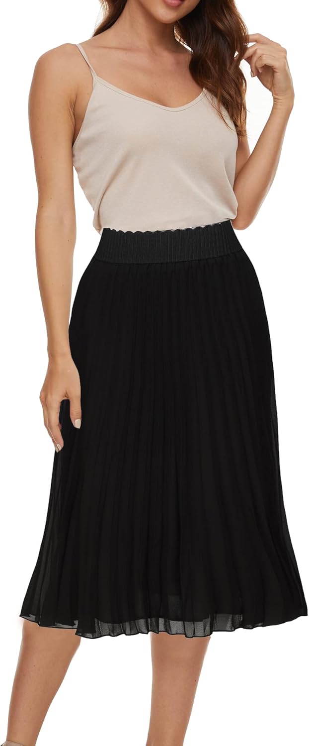 TEERFU Womens Chiffon High Waist Skirt Pleated A-Line Swing Elastic Shirring Midi Length - Image 4