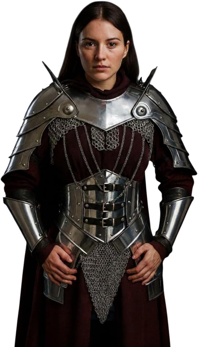 Medieval Lady Knight Steel Armor Costume Chainmail Tasset with Top-Brave Lady Wasit Armor Belt Perfect for LARP, Reenactment, Cosplay & Theator Act Costume-Fantasy & Halloween Party Costume
