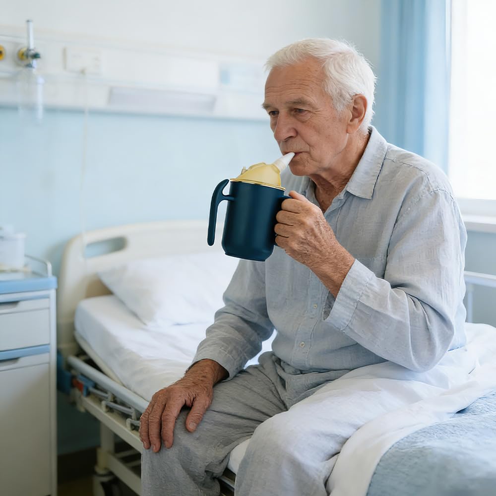 Kubek z dzióbkiem 3 w 1, dla seniorów, 400 ml, szczelny, dla seniorów z uchwytami, dla pacjentów, niepełnosprawnych, macierzyństwa (niebieski)