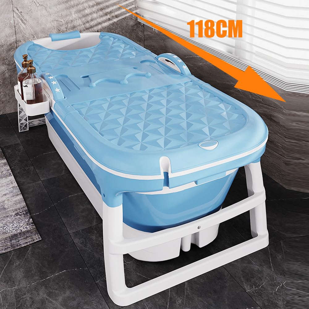 Składana wanna XXL 118 x 60 x 53 cm, idealna do łazienki, prysznica i balkonu, z pokrowcem i rolkami do masażu, kosz na mydło, przenośna wanna z grubego tworzywa sztucznego, niebieska