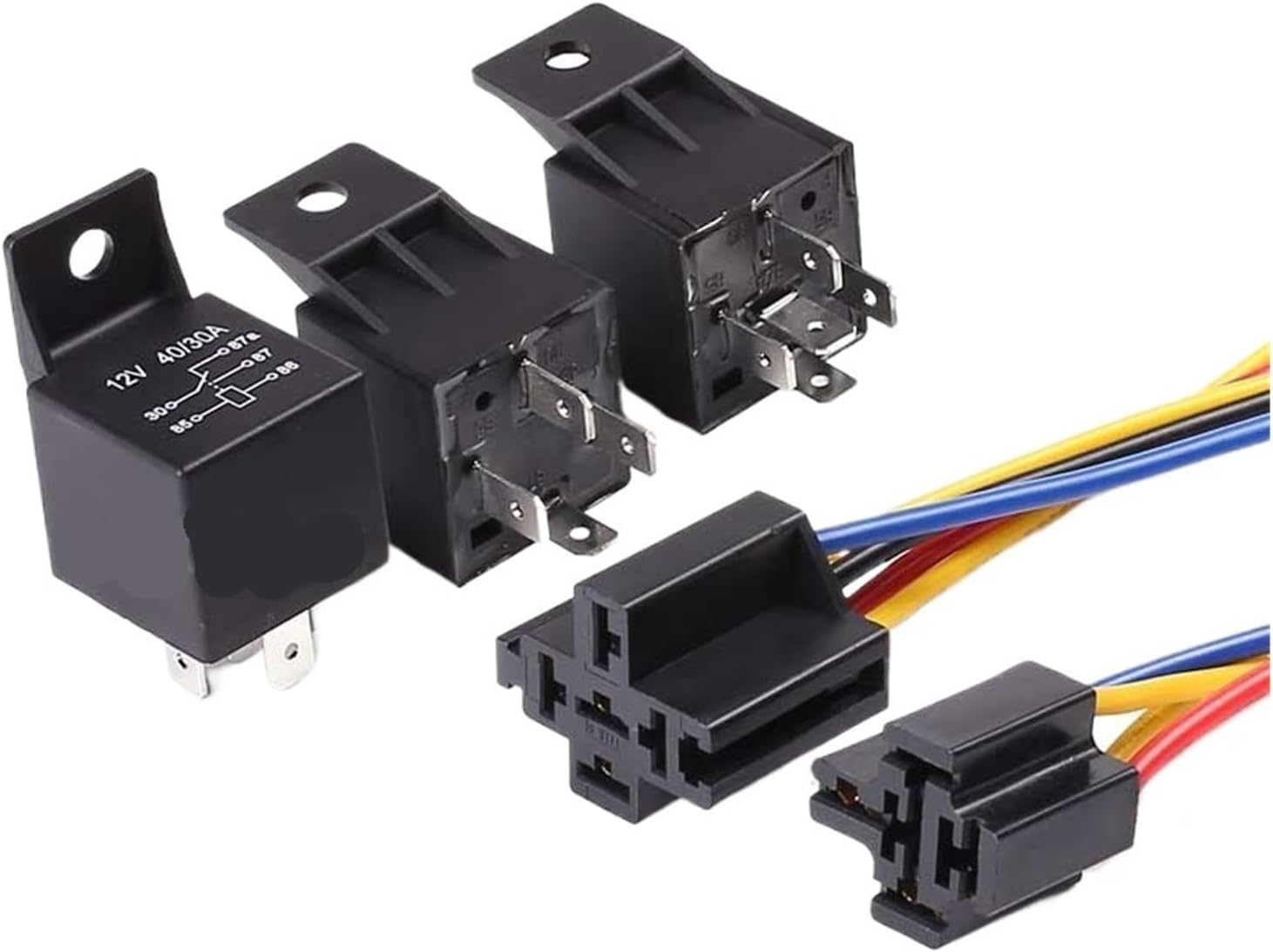 Multiple PPOZYLPC JD1914/JD1912 4-pin automotive relays and their corresponding sockets.
