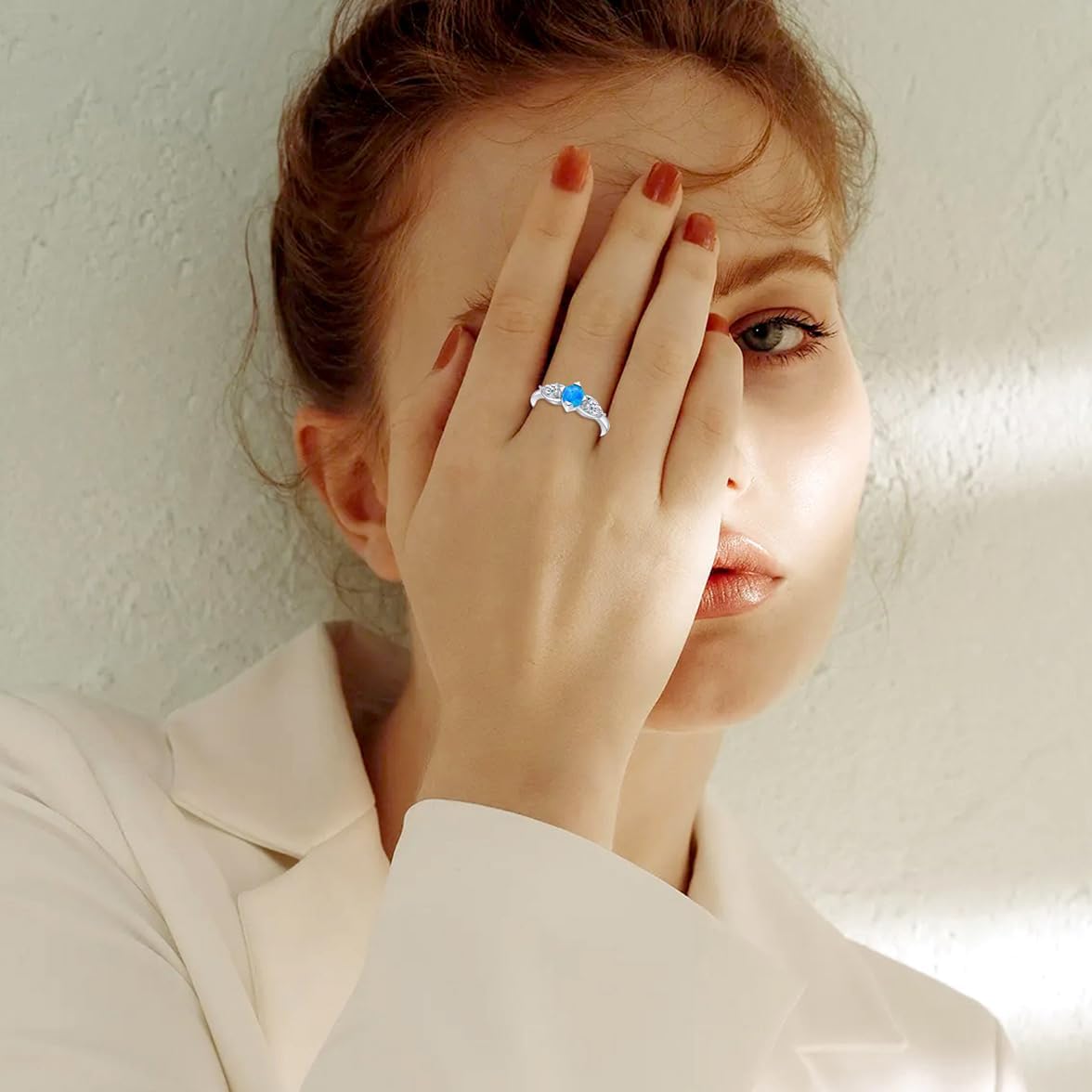 Blue Opal Rings,Opal Promise Ring for Women, Silver Women Opal Rings,Blue Opal Engagement Promise Bride Bridal Ring for Women Size 5-9-1