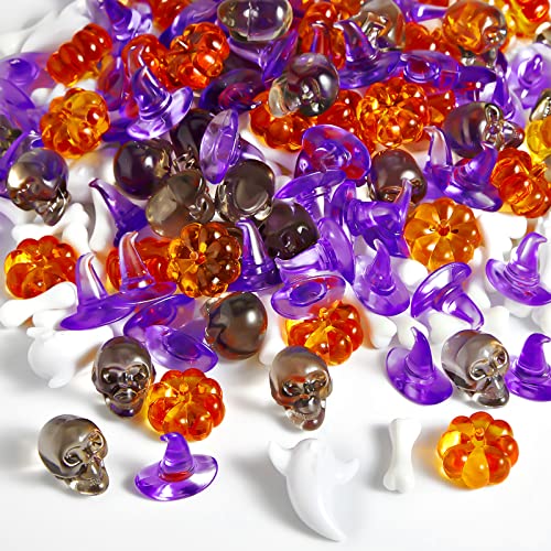 Deekin 240 Pcs Mini Skull Head Mini Pumpkin Acrylic Embellishment Set Small Table Scatter Vase Filler Resin Ornaments Witch Hat Skeleton Bone Ghost Scrapbooking Thanksgiving Fall Autumn Party