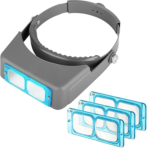SUNJOYCO Head Mount Magnifier, Headband Magnifying Glasses 1.5X 2.0X 2.5X 3.5X, Headband Magnifier with 4 Optical Glass Lenses, Jewelers Visor for