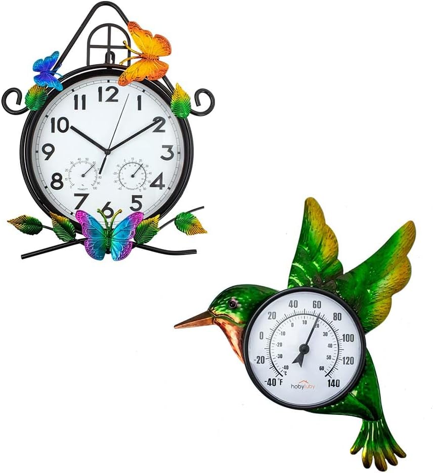 Outdoor Clock & Outdoor Thermometer, Large Wall Clock Silent Non-Ticking and Hummingbird Wall Thermometer with Humidity for Garden, Home Decor