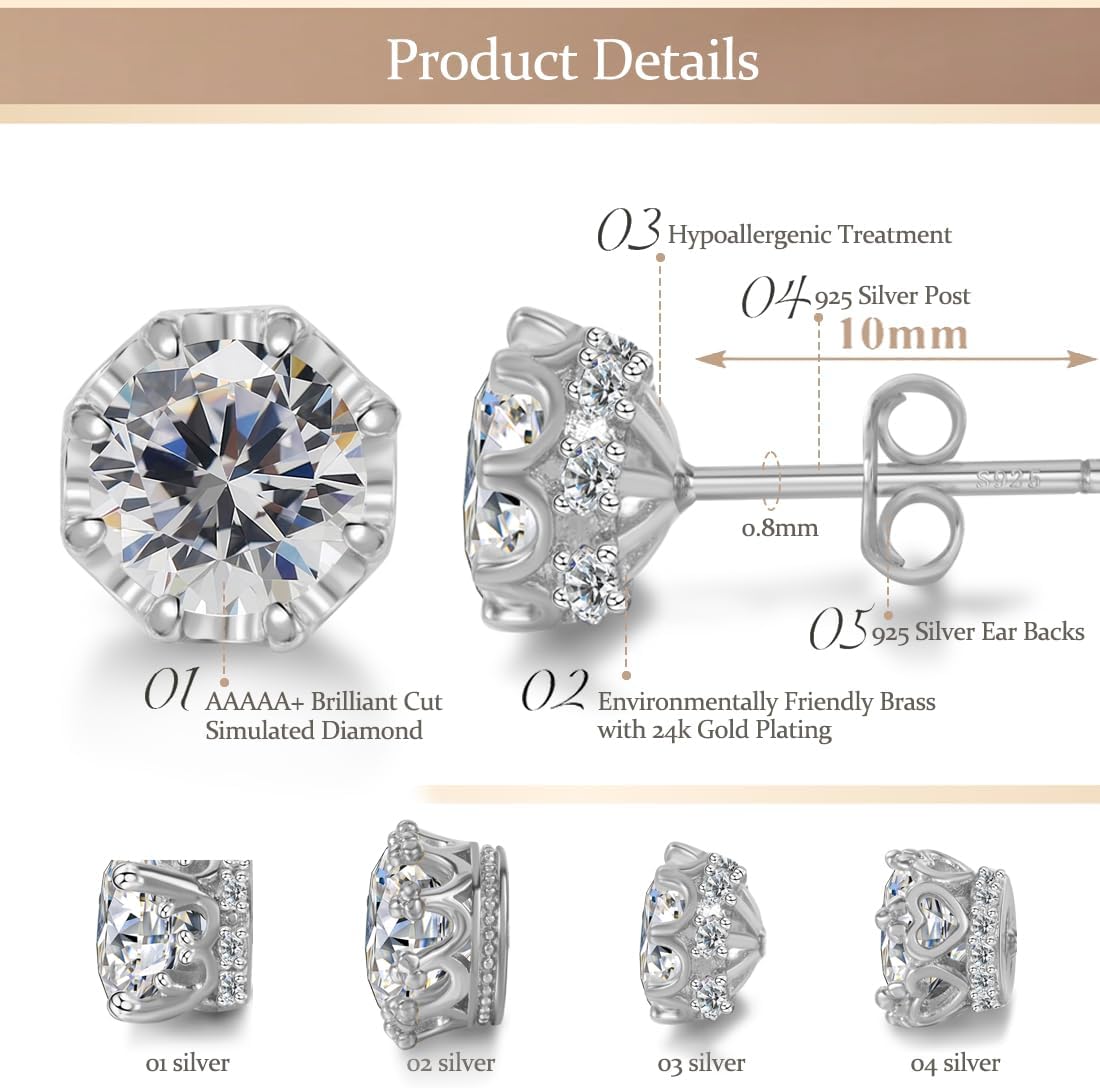 Hypoallergenic Cubic Zirconia Stud Earrings for Women & Men 24K Gold Plated Sterling Silver Post, CZ Simulated Diamond Halo Studs Sensitive Ear Friendly Gift (ED-31) - Image 2