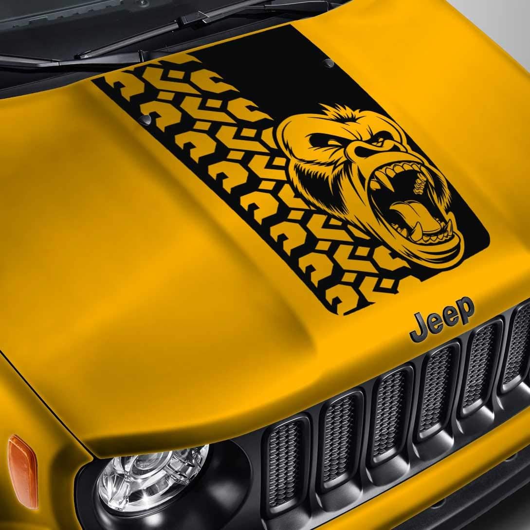 Hood Decal Compatible with Jeep Renegade - Angry Gorilla Tire Tread Blackout Hood Sticker- Black