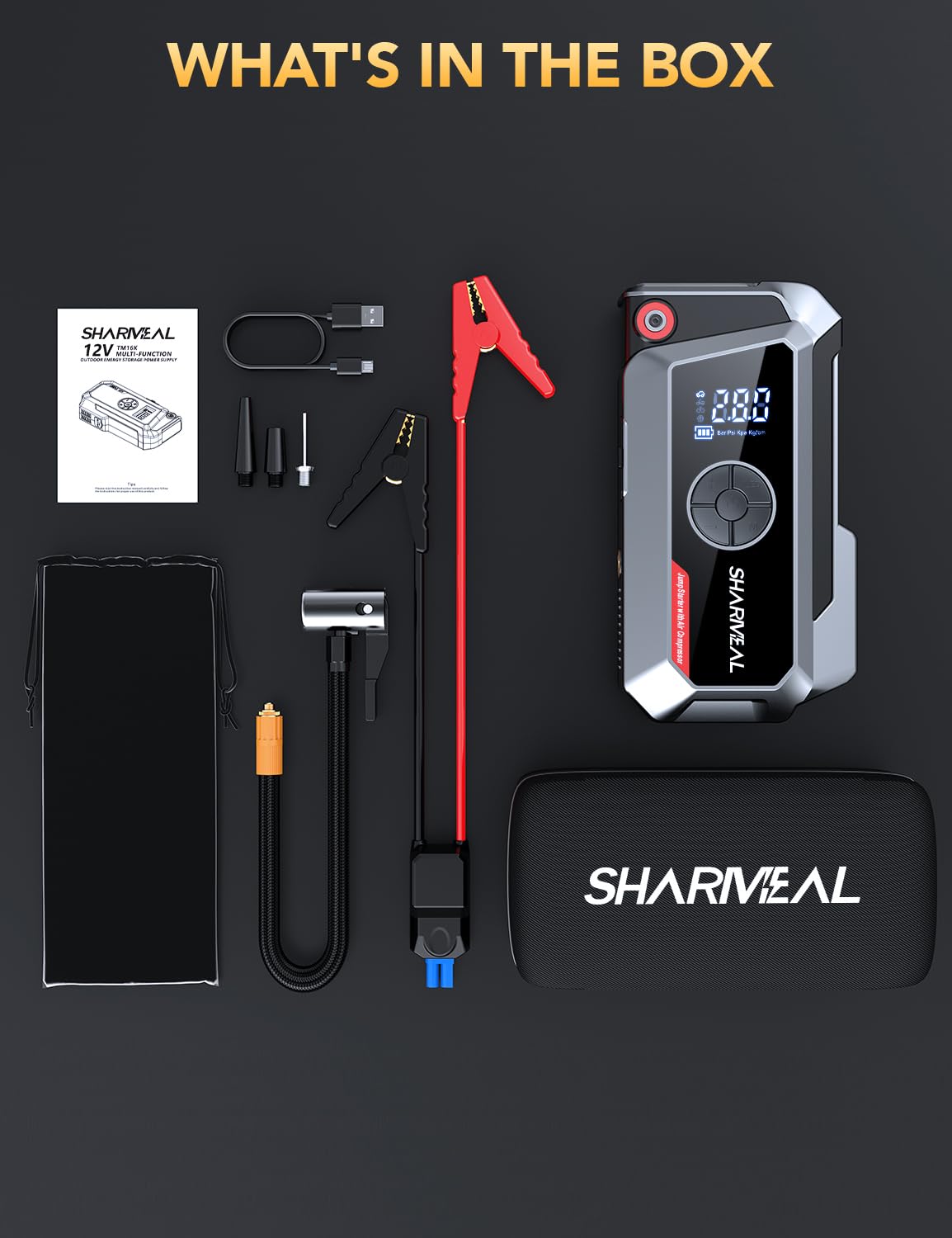 SHARMEAL 10000A 200PSl Compressore d'aria portatile per impieghi gravosi e avviatore di emergenza con display digitale, batteria per auto multifunzione 7 in 1, batteria al litio vari adattatori
