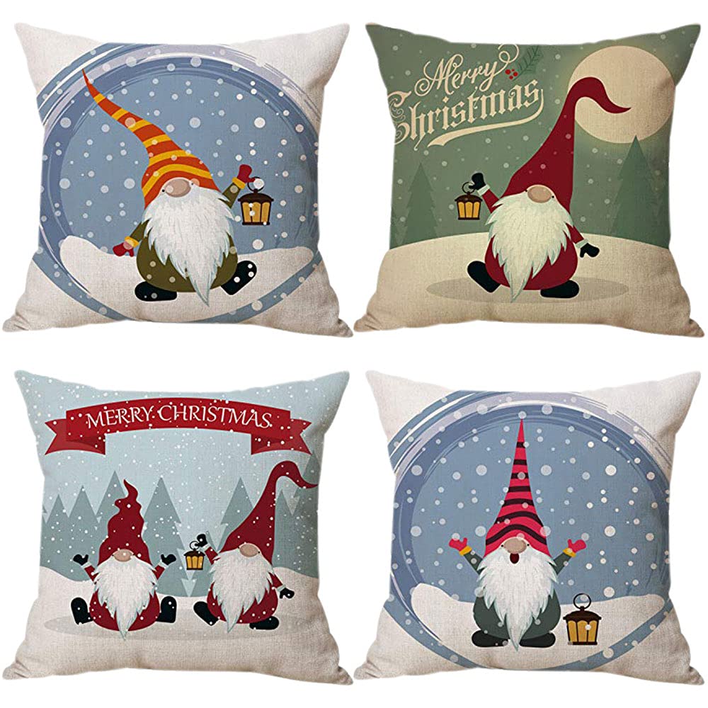 Hlonon Christmas Decorations Pillow Covers 18 x 18 Inch Set of 4 Winter Holiday Decorative Throw Pillowcase Rustic Santa Deer Snowman Gnome Cushion Cases Farmhouse Christmas Decor for Home Couch