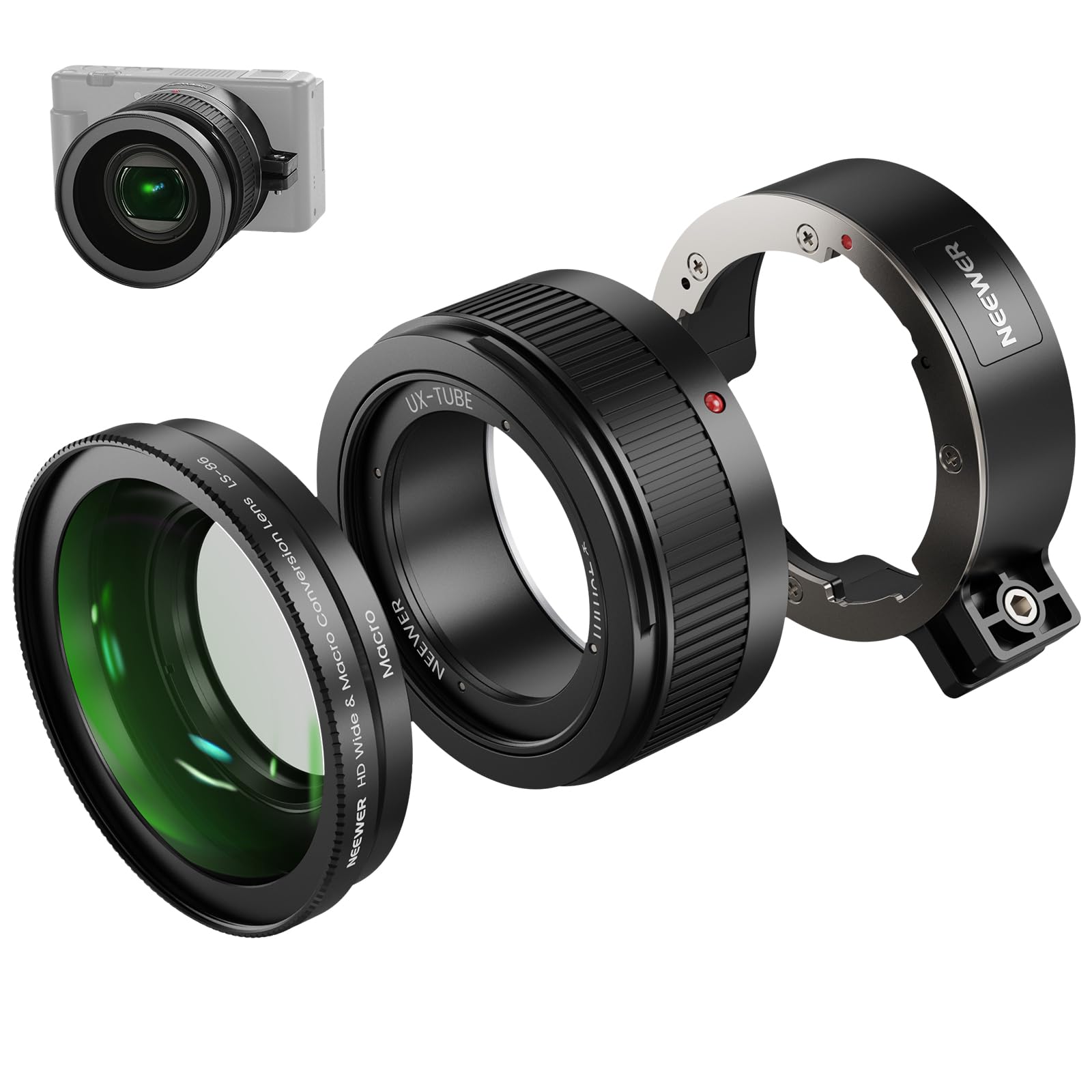 NEEWER Objetivo Gran Angular Compatible con Sony ZV-1 II (ZV-1 M2), 2 en 1 HD 18 mm Gran Angular + 10X Lente Macro Adicional con Tubo Extensión, Montura Bayoneta Accesorios Fotografía, LS-86