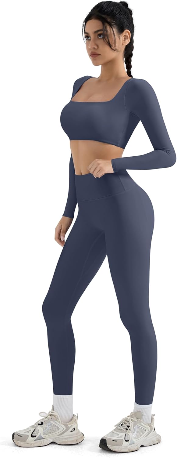 SUUKSESS Women 2 Piece Workout Sets Compression Tummy Control Leggings with Pockets Long Sleeve Square Neck Padded Crop Tops - Image 4