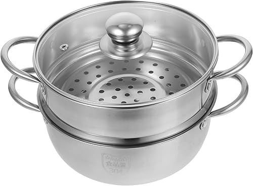 Olla de vapor de acero inoxidable de 2 niveles, olla de vapor de 10 pulgadas con tapa y asa, utensilios de cocina multiusos para verduras,