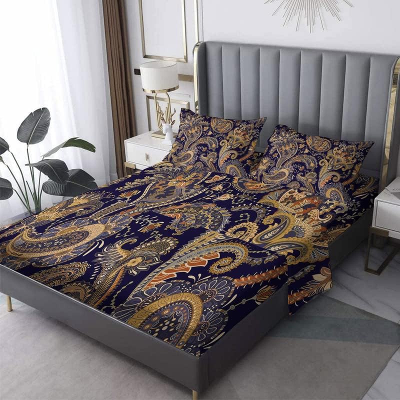 zcsm Juego de sábanas tamaño Queen con estampado floral de cachemira, microfibra suave y bolsillo profundo, sábanas y fundas de almohada estampadas