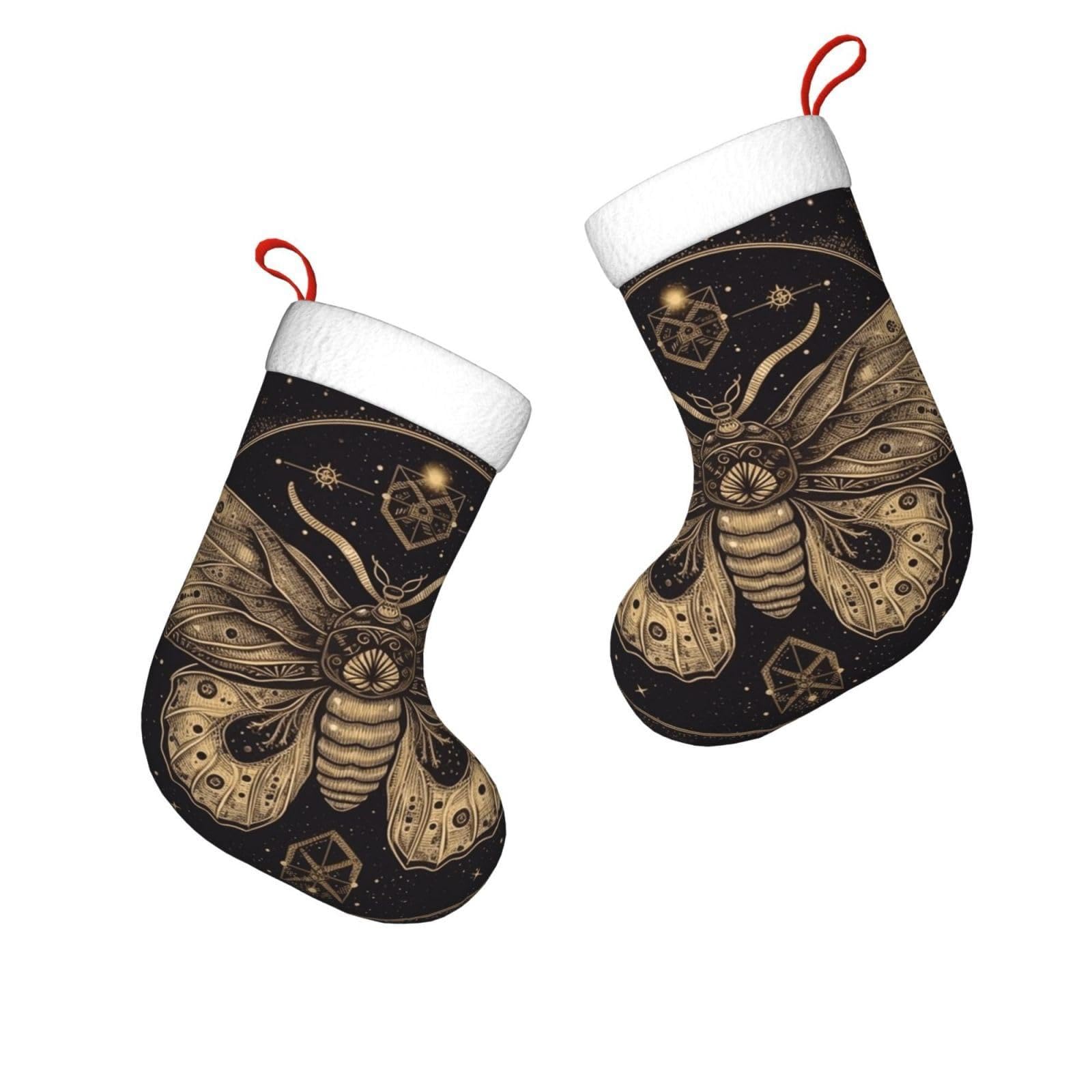 FodPand 17.7" Christmas Stocking 1 Piece, Moth Xmas Stockings with White Plush Cuff Fireplace Hanging Stocking for Christmas Holiday Party Decoration