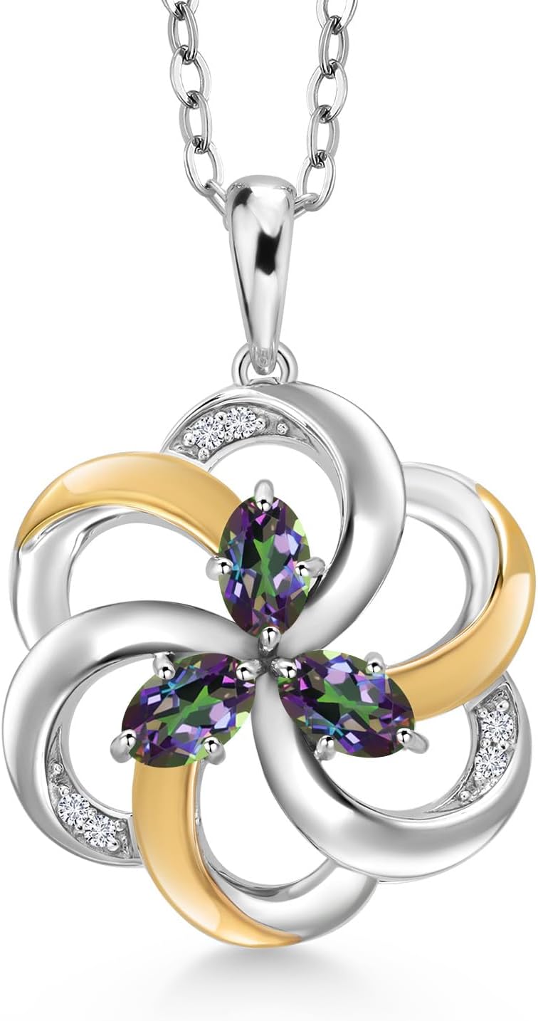 Gem Stone King Mother Spiral Flower 3-Stone Pendant Necklace For Women | 925 Sterling Silver and 10k Yellow Gold | Gemstone Birthstone and White Lab Grown Diamond | With 18 Inch Chain
