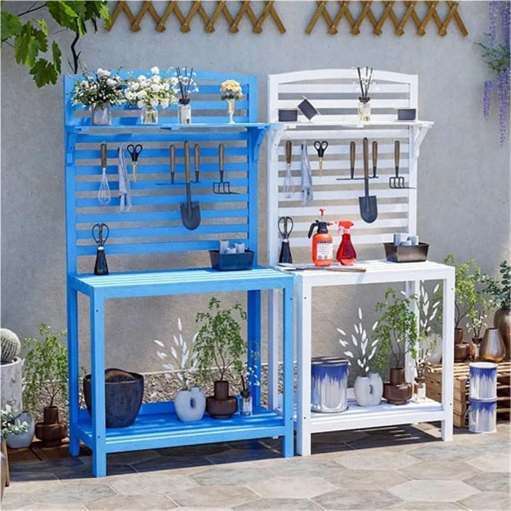 Outdoor Potting Bench for Porch, All-Weather Garden Table with Open Shelf, Three-Layer Wooden Plant Stand, Large Capacity Potting Bench Table(White)