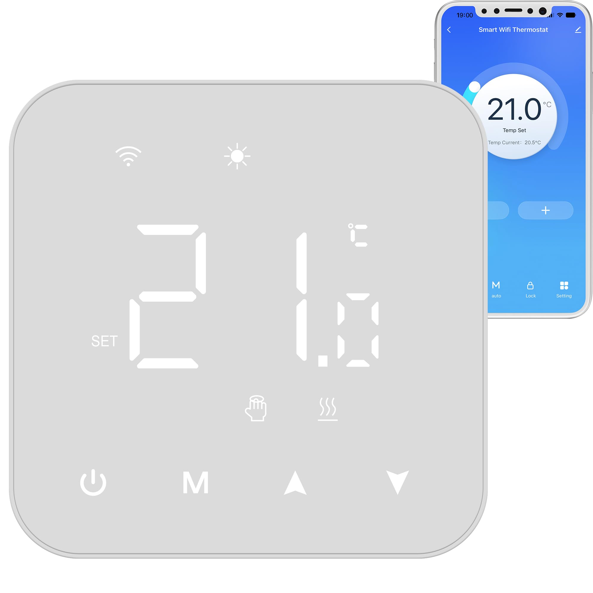 Wi-Fi thermostat with battery for 2-wire gas boilers, daily programmable heating thermostat, surface mount, remote control by Tuya/Smart Life App and by voice Alexa/Google Home