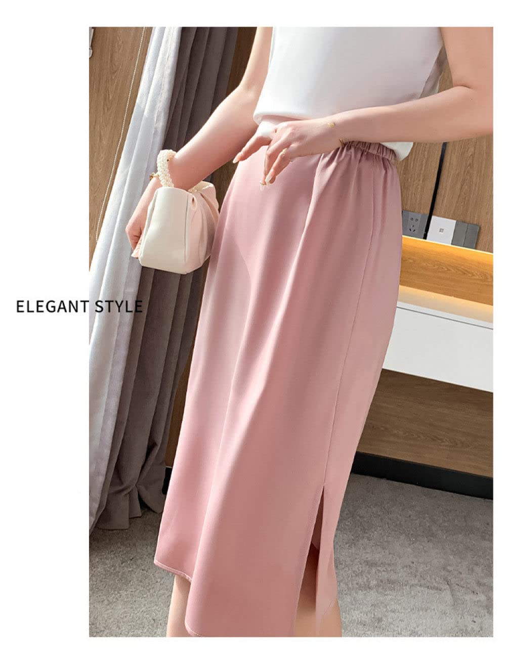 OZEO Röcke Für Damen,Sommer-Satin-Midi-Röcke Für Frauen, Elastische Taille, Rosa Seitenschlitz, Gerader Rock, Hüftumwickelt, A-Linie, Gerafft, Elegantes Büro, Lange Röcke Für Mädchen, Damen,S