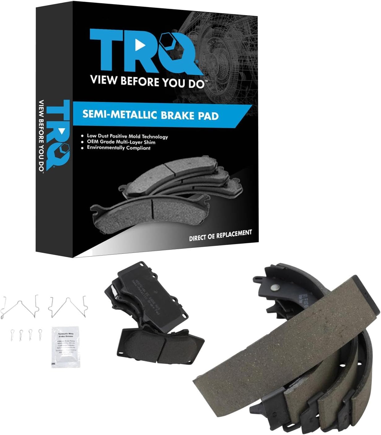 TRQ Front and Rear Brake Pad Set Semi Metallic and TRQ Brake Shoe Set