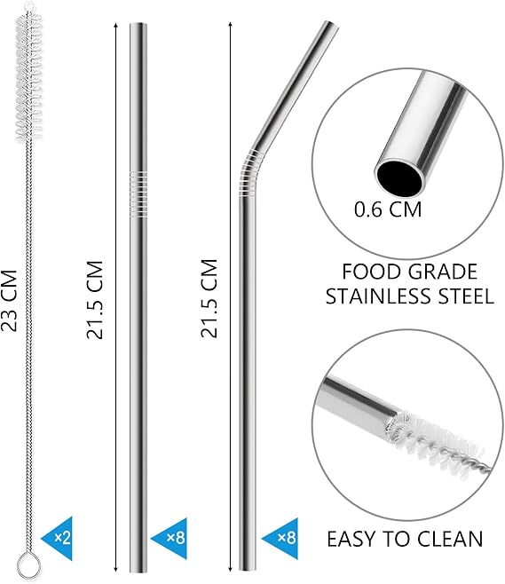 16 Pcs Reusable Stainless Steel Straws, Metal Drinking Straws, Bent & Straight Straws with 2 Cleaning Brush for Cocktail, Milkshake, Cold/Hot Drinks