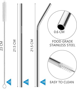 16 Pcs Reusable Stainless Steel Straws, Metal Drinking Straws, Bent & Straight Straws with 2 Cleaning Brush for Cocktail, Milkshake, Cold/Hot Drinks